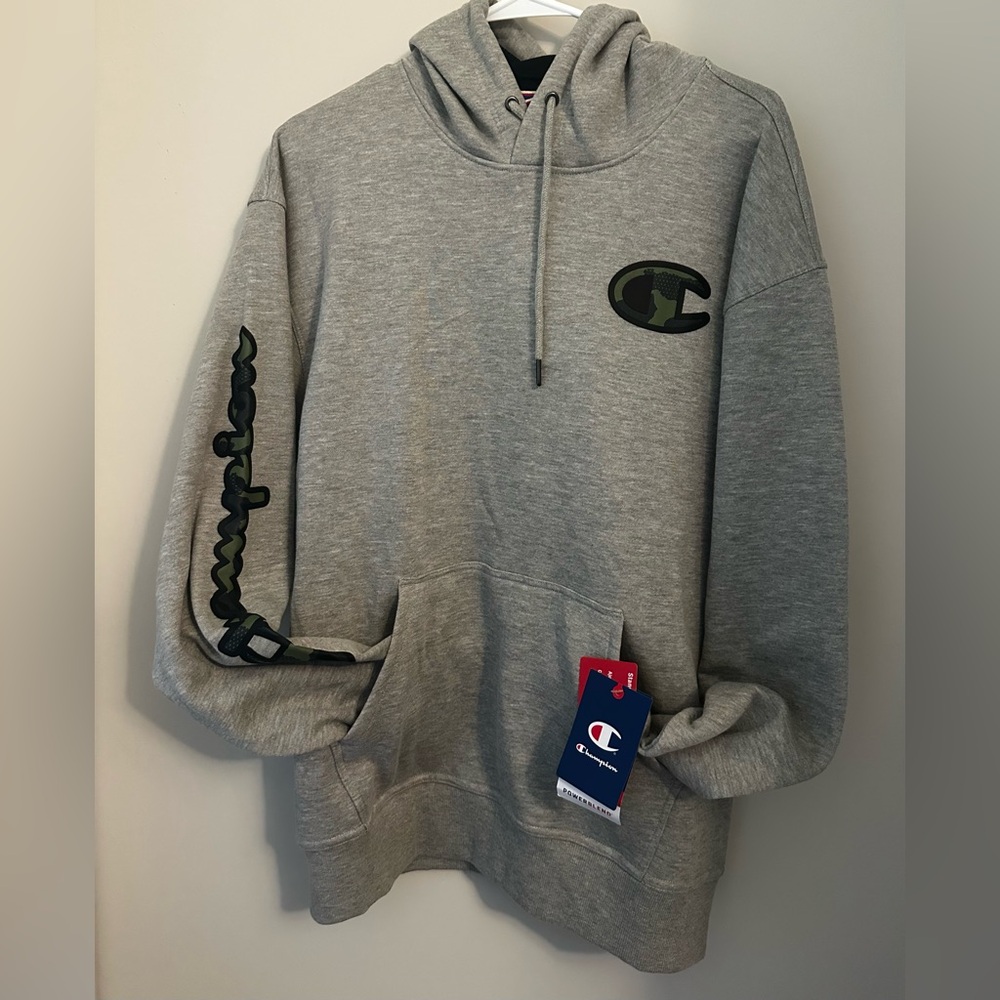 Champion Gray Hoodie with Camo Logo and Script Accent